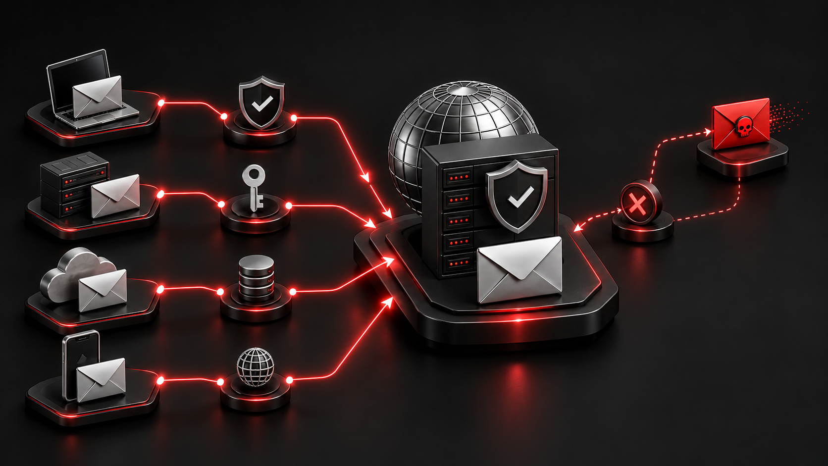 Expanded view of the business email overview’s first stage, with legitimate sending sources passing through verification controls to an authenticated domain while a spoofed message is rejected